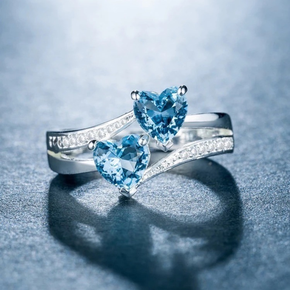 New 925 Silver Two Hearts Shape Aquamarine Ring - Picture 2 of 3